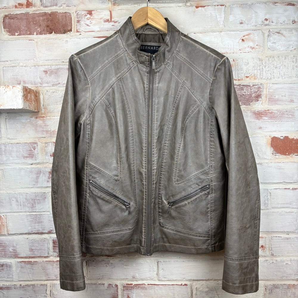 Bernardo Faux Leather Moto Jacket XL Taupe Gray Zip Front Minimalist